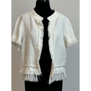 Black‎ Label By Chico’s Linen Fringe Crop Jacket 2 US L/12 Antique White NWT